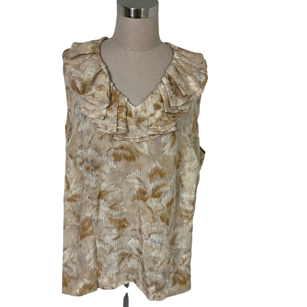 Talbots Woman Petites 18WP Sleeveless Ruffle Neck Top 100% Silk Abstract‎ Print